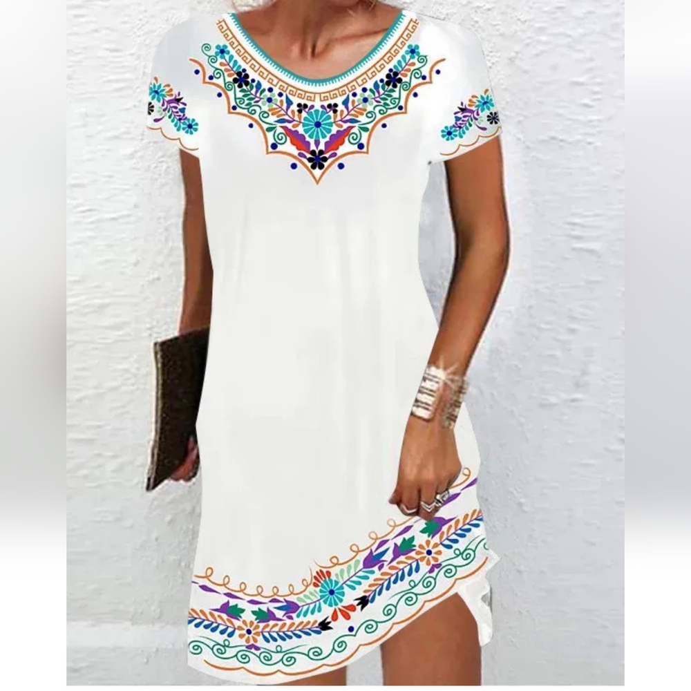 Boho Floral Short Sleeve T Shirt Dress Stretchy L/XL